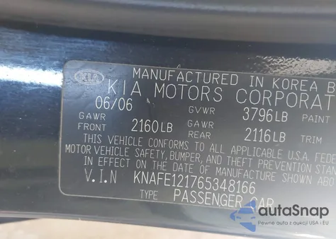 2006 Kia Spectra Ex/Lx/Sx z USA, uszkodzony, nr VIN KNAFE121765348166